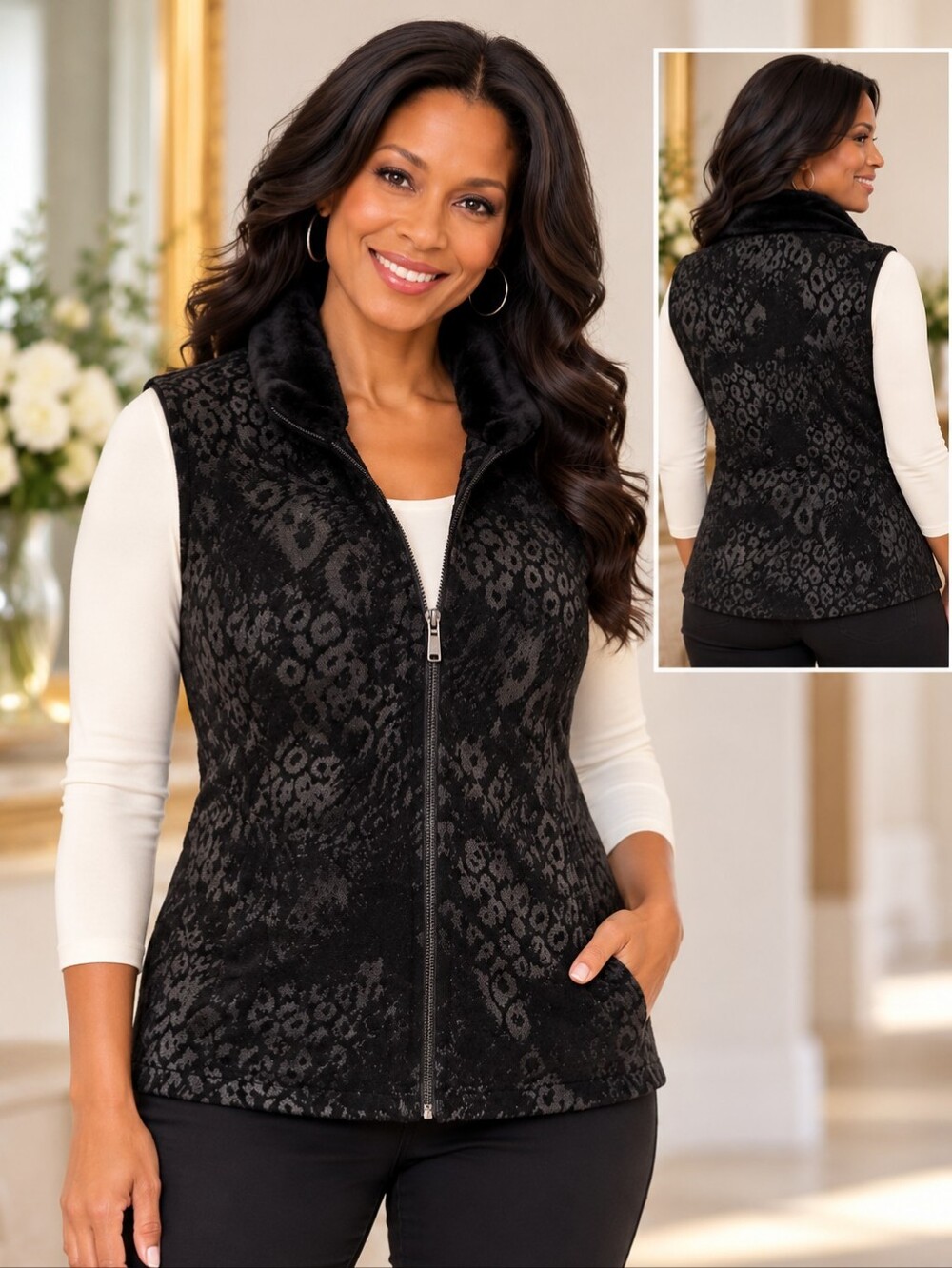 Vintage Y2K Toni Morgan M Black Burnout Velvet Faux Fur Collar Zip Front Vest